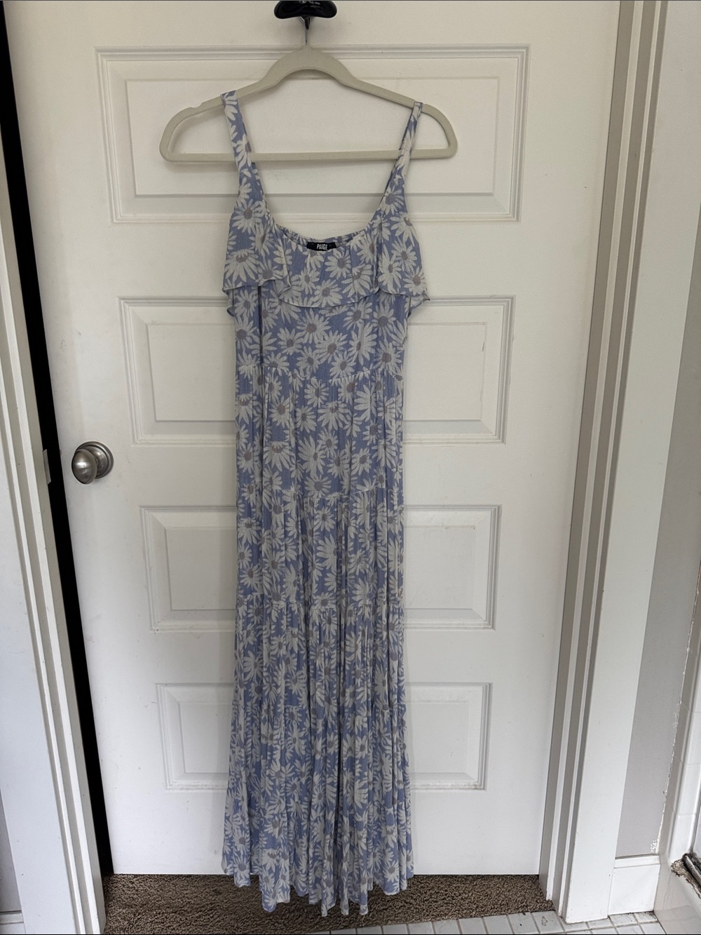 PAIGE Light Blue Daisy Print Maxi Dress with Ruffle Neckline